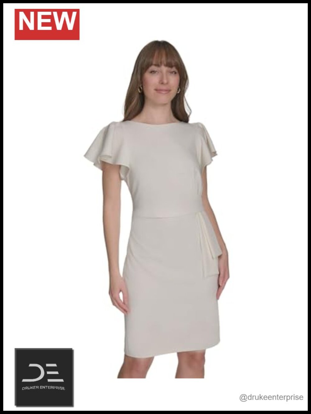 Flounce Sleeve Side Drape Fully Lined Sheath Dress